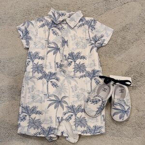 Janie and Jack Blue and White Bodysuit with Tropical Palm Print